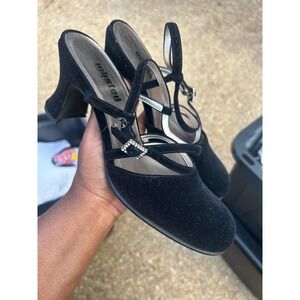 Unlisted Heels Women 9 Black Fabric Rhinestone Buckle Block Pump Good